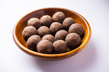 Nachni laddu or Ragi laddoo or sweet balls made using finger millet, jaggery and ghee