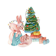 Christmas evening scene with cute bunnies. Funny rabbits. Month December, Merry Christmas and Happy New Year 2023. Rabbit, animal, christmas rabbit with tree and gifts, baby greeting card, baby