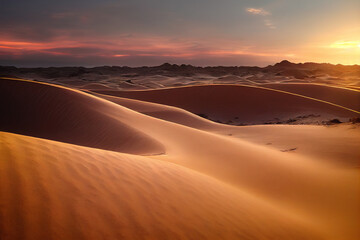 Fototapeta na wymiar Golden sunset illuminates the Sahara Desert sand dunes, revealing a captivating interplay of shadows and light. Experience nature's artistry in this radiant gold landscape. 