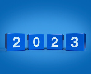 3d rendering, illustration of 2023 letter on block cubes on light blue background, Happy new year...