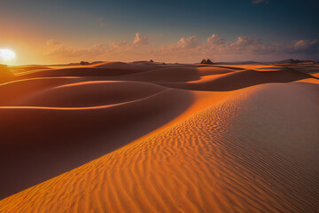 Fototapeta na wymiar Stunning sunrise illuminating the vast sand dunes of the Sahara Desert. Golden light casts perfect shadows, showcasing the beauty and grandeur of Africa's majestic landscape 