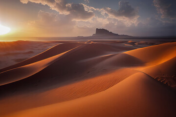 Naklejka na ściany i meble Panorama banner of sand dunes Sahara Desert at sunset. Endless dunes of yellow sand. Desert landscape Waves sand nature