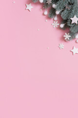Banner with Christmas New Year decoration top view, flat lay on pink background with copy space