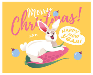 Rabbit on the corn is having fun. 2023 greeting card. Vector illustration.
