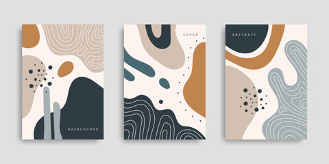 Set of abstract covers with fluid shapes. Collection of A4 backgrounds with wavy shapes. Template in hand drawn style. Vector illustration. Branding design for cover, card, flyer, poster, banner.