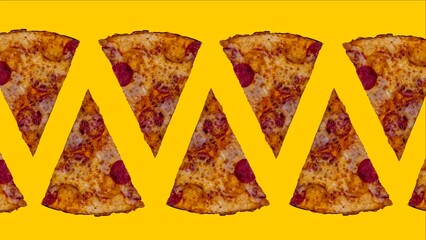 trendy food animation of appearing pizza slices or pizza background on yellow background