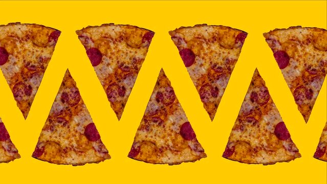 trendy food animation of appearing pizza slices or pizza background on yellow background