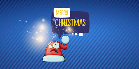 Vector cartoon Santa Claus red hat with smile face isolated on blue horizontal bannner background with lights. Merry Christmas greeting banner with funny monster Santa Claus hat. Santa hat