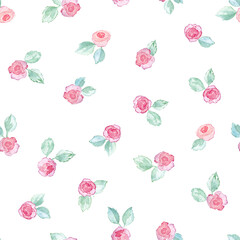 Seamless pattern in the style of Provence. Roses on a white background. Small flowers are made with watercolors.