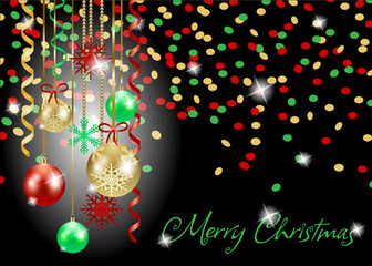 Christmas background with confetti, streamers, ornaments and text. Vector illustration eps10