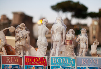 Naked sculptures are sold as souvenirs in Rome, Italy.