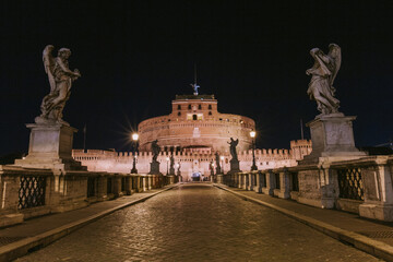 Rome, Italy, Castle of St. Angelus at night with illumination.