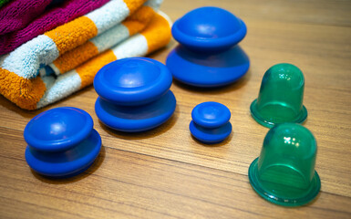 Rubber jars for vacuum massage. Vacuum medical silicone massagers. Anti-cellulite massage at home.