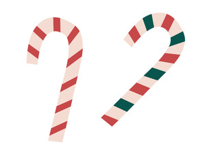 Fototapeta na wymiar Hand drawn cute cartoon illustration of two candy canes. Flat vector Christmas sweet lollipop sticker in colored doodle style. New Year, Xmas icon or print. Isolated on background.