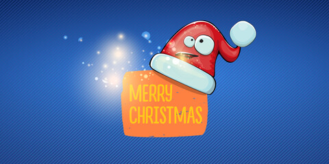 Vector cartoon Santa Claus red hat with smile face isolated on blue horizontal bannner background with lights. Merry Christmas greeting banner with funny monster Santa Claus hat. Santa hat