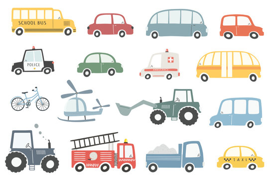 Set of different cute transport in flat style.