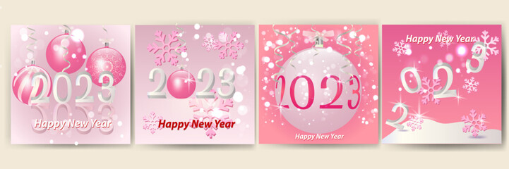 Set of square pink New Year's greeting template 2023 with pendant numbers and Christmas tree balls.