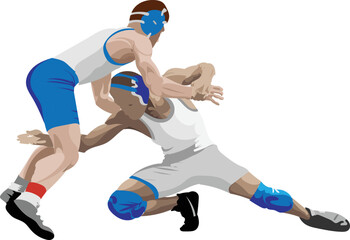 Vector illustration of two sportsmen wrestling against the white background - obrazy, fototapety, plakaty