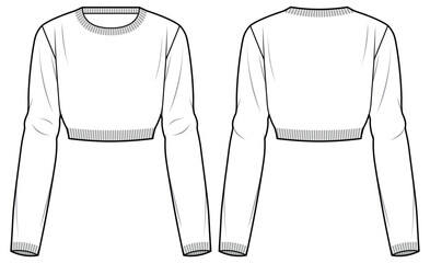womens long sleeve crew neck crop top flat sketch vector illustration technical cad drawing template