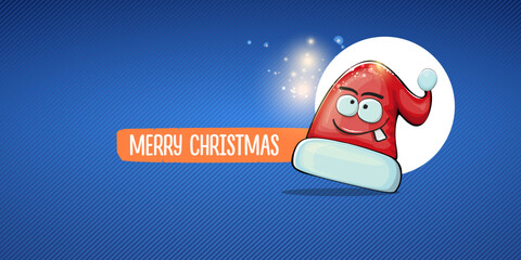Fototapeta premium Vector cartoon Santa Claus red hat with smile face isolated on blue horizontal bannner background with lights. Merry Christmas greeting banner with funny monster Santa Claus hat. Santa hat
