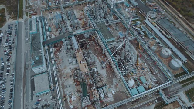 Aerial survey of the general plan of a petrochemical plant under reconstruction, a petrochemical production facility, modernization of the plant