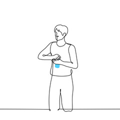 man standing opening water bottle with both hands - one line drawing vector. concept to quench your thirst
