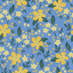 Cute floral pattern. Seamless vector texture. An elegant template for fashionable prints. Print with yellow flowers. blue background.