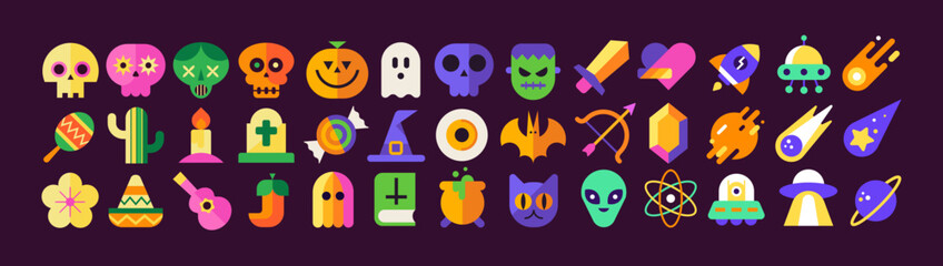 Pop culture icon set. Geek icon collection. Flat vector illustrations. Halloween, fantasy and science fiction symbols. Isolated elements. Video game iconography. Funny and colorful pictograms. Bundle. © Léo Alexandre