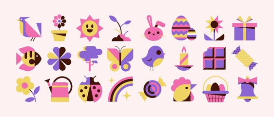 Spring and Easter icon set. Nature symbol collection. Flat vector illustration. Plant and animal icons. Cute spring pictograms. Joyful and colorful isolated elements. Soft colors. Minimal and graphic.