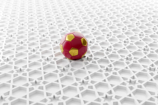Soccer Ball on Abstract White Arabic Traditional Middle Eastern Pattern 3D Illustration