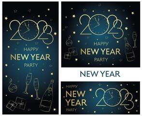 Fototapeta na wymiar set Happy New Year greeting card vector template. Festive Christmas social media banner design with congratulations. Gold number 2023 framed by realistic confetti illustration with typography.