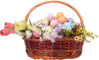 Happy Easter day colorful eggs in basket with flowers