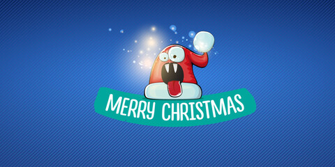 Vector cartoon Santa Claus red hat with smile face isolated on blue horizontal bannner background with lights. Merry Christmas greeting banner with funny monster Santa Claus hat. Santa hat
