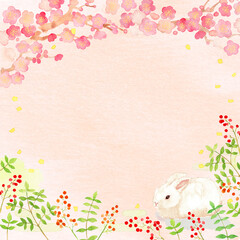 梅と南天と兎のお正月正方形バナー　白兎