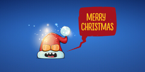 Vector cartoon Santa Claus red hat with smile face isolated on blue horizontal bannner background with lights. Merry Christmas greeting banner with funny monster Santa Claus hat. Santa hat