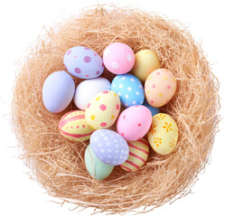 Happy Easter day eggs in nest top view