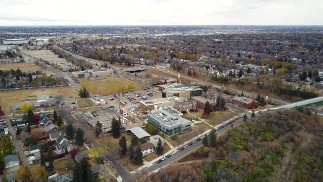 Aerial shot of buildings and streets in Edmonton, Alberta, Canada