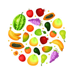 Fresh ripe fruits of circular shape. Watermelon, banana, mango, peach, garnet organic fruit poster, card, banner cartoon vector