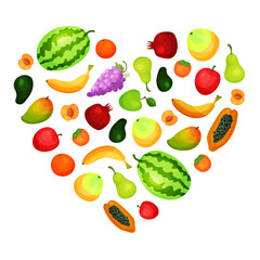 Fresh ripe fruits of heart shape. Watermelon, banana, mango, peach, garnet organic fruit poster, card, banner cartoon vector