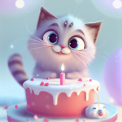 Plakat Cute kawaii white cat and Birthday cake with candles. Christmas kitten with adorable eyes. Winter greeting card. AI generated image.