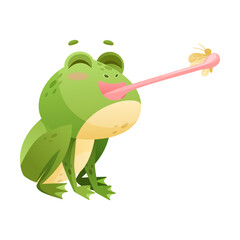 Cute Green Leaping Frog Character Catching Fly with Its Tongue Vector Illustration