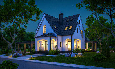 3d rendering of cute cozy white and black modern Tudor style house with parking  and pool for sale or rent with beautiful landscaping. Fairy roofs. Clear summer night with many stars on the sky.