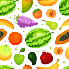 Fresh ripe fruits seamless pattern. Healhy organic food repeating print for wallpaper, wrapping paper, textile, package design cartoon vector