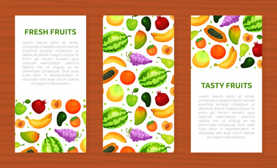 Fresh tasty fruits brochure, booklet template. Organic healthy products poster, card with space for text and fruits seamless pattern cartoon vector