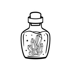Hand drawn mystical glass bottle. Glass flacon with star, diamond in line art. Magic collection, symbol, talisman, antique style, boho. Vector doodle sketch illustration isolated on white background