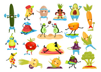 Funny Fruits and Vegetable Doing Sport and Physical Exercise Big Vector Set
