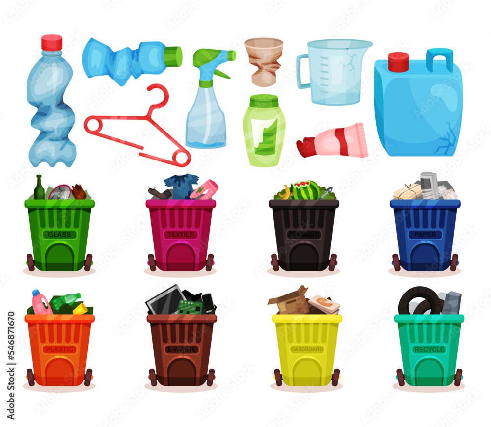 Poster rubbish bins with sorted garbage set. waste segregation. garbage containers for recycling different 