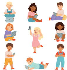 Cute Little Kids with Mobile Gadgets Playing and Surfing Internet Vector Set