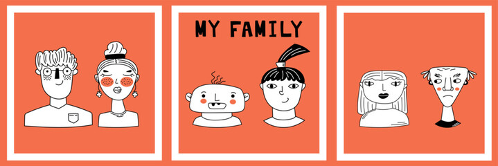 Portrait of my family. Hand drawn doodle my family. Black and white vector illustration on an orange background - obrazy, fototapety, plakaty