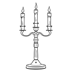 Hand drawn candelabrum with burning candles and stars in line art. Vintage candlestick icon, antique style, boho. Vector doodle sketch illustration isolated on white background - obrazy, fototapety, plakaty